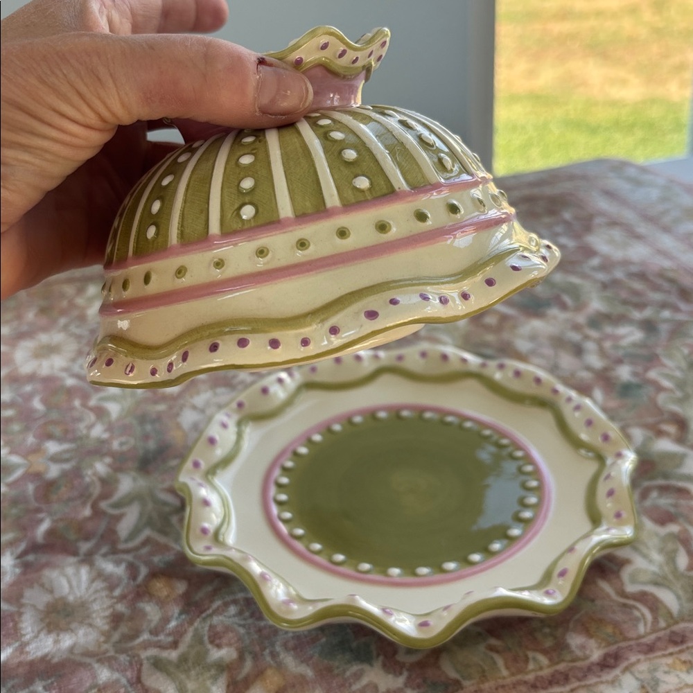 Decorative Ceramic Candle topper with Pink and Green Accents with matching plate